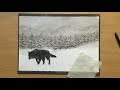 Winter Landscape Charcoal Drawing - Black Wolf in Snow