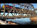 Iowa Interstate Train Crossing HUGE! Double Decker 1896 Bridge Over Flooded Mississippi River 3 Loco