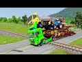 Double Flatbed Trailer Truck vs Speedbumps Train vs Cars | Tractor vs Train Beamng.Drive 072