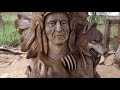 AMAZING CHAINSAW wood carving, Native American with wolves