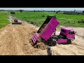 New Perfectly Komatsu Dozer D53 techniques push soil,Dump 5ton Trucks loading soil land fill up