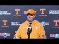 Tennessee football head coach Josh Heupel talks to the media after first practice of fall camp I GBO