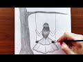 Girl sitting on a Swing easy pencil drawing || How to draw a girl swinging in a tree