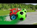 Double Flatbed Trailer Truck vs Speedbumps Train vs Cars | Tractor vs Train Beamng.Drive 092