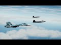 F-22 Raptors attempt to communicate with a Russian Su-33 Sukhoi fighter jet over contested airspace.
