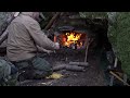 Excavate a natural shelter. Stone fireplace with chimney. Sleeping in the wild. Survival skills