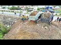 Full Completed 100% Skill KOMATSU DOZER Driver Push Soil To Filling Up With Dump Trucks Process