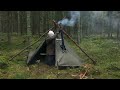 Caught in a Storm - 4 days solo bushcraft, camping in heavy rain, portable wood stove, canvas tent