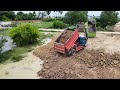 Good Job! Bulldozer pouring soil delete small forest and push the Dirt mud and dump truck unloading