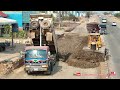 Amazing Power Dump Trucks Unloading Stones & Bulldozer Pushing Stone Building Side Road Construction