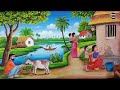 Beautiful Village Landscape Scenery Painting| Indian Village Scenery Painting With EarthWatercolor