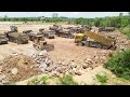 Nice Operators Skill Bulldozers Push Much Stones With Dump Trucks 25t Performance Huge Area