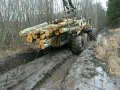 Valtra forestry tractor with big trailer in wet forest