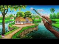 Beautiful Riverside Village  Scenery Painting| Indian Village Scenery Painting With EarthWatercolor