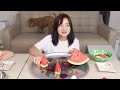 Cooking Mukbang:) Vegetable noodles and fried tofu sushi, sweet watermelon for dessert.