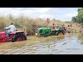 john deere tractor stuck in river with heavy loaded trolley rescued by mahindra tractor | tractor