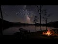 Campfire by the River | Shooting Stars, Crackling Fire & Water Sounds | For Relaxation, Mindfulness