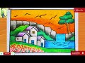 How to draw Nature scenery of waterfall🏞️|Easy sunset over waterfall scenery|scenery Drawing|#sunset