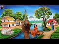 Beautiful Village Landscape Scenery Painting| Indian Village Scenery Painting With EarthWatercolor