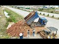 Unbelievable Hard Work For Old And Small MITSUBISHI Dozer Push Soil On First Step With Dump Trucks