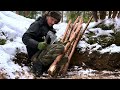 Winter BUSHCRAFT!  Building of a warm underground shelter for survival in winter forest!