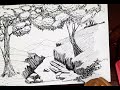 Pen Sketch | How to Draw a Landscape with Waterfall