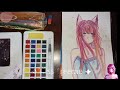 Speed paint by water colours 🎨✍🏻 drawing an anime cat girl تلوين فتاة انمي بالمائي قطة 🐱#Miss_freeme