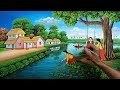 Beautiful Village Landscape Scenery Painting| Indian Village Scenery Painting With EarthWatercolor