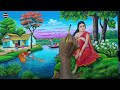Beautiful Village Girl Scenery Painting/Indian Village Scenery Painting With Earthwatercolor