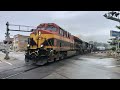 Train Works Hard Up Steep Grade & Sharp Curve, Kansas City Southern Leading NS New Castle Indiana
