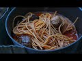 Tent CAMPING in RAIN - Spaghetti and MEATBALLS