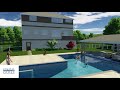 L Shaped Pool with Sunked Outdoor Living Area and Swim Up Bar