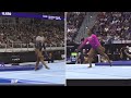 Split screen Simone Biles floor routine at  2024 Core Classic and 2024 U.S. championships