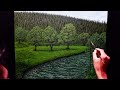 an easy way to paint a river scene with trees and pine forests