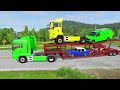 TRANSPORTING PIXAR CARS & FRUITS WITH COLORED & JOHN DEERE vs CLAAS vs TRACTORS - BeamNG.drive