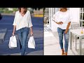 White Top and Denim Trend for Spring Summer. How to Wear White and Blue Jeans Outfits?