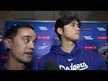 Dodgers star Shohei Ohtani talks to the media after Dodgers Opening Day