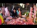 World's happiest sellers in Svay Rieng market, countryside food market, Cambodian food factory