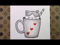 Pencil Drawing Easy Ideas, Cute Cat and Mug Drawing