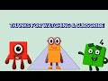 Numberblocks 1,2 and 4 add from 10 to 100 by climbing the a pyramid and creating new numbers